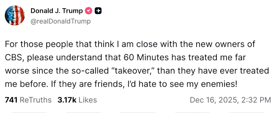 Trump Says '60 Minutes' Worsened Since Paramount-Skydance Takeover, Slams New CBS Management - Image 1