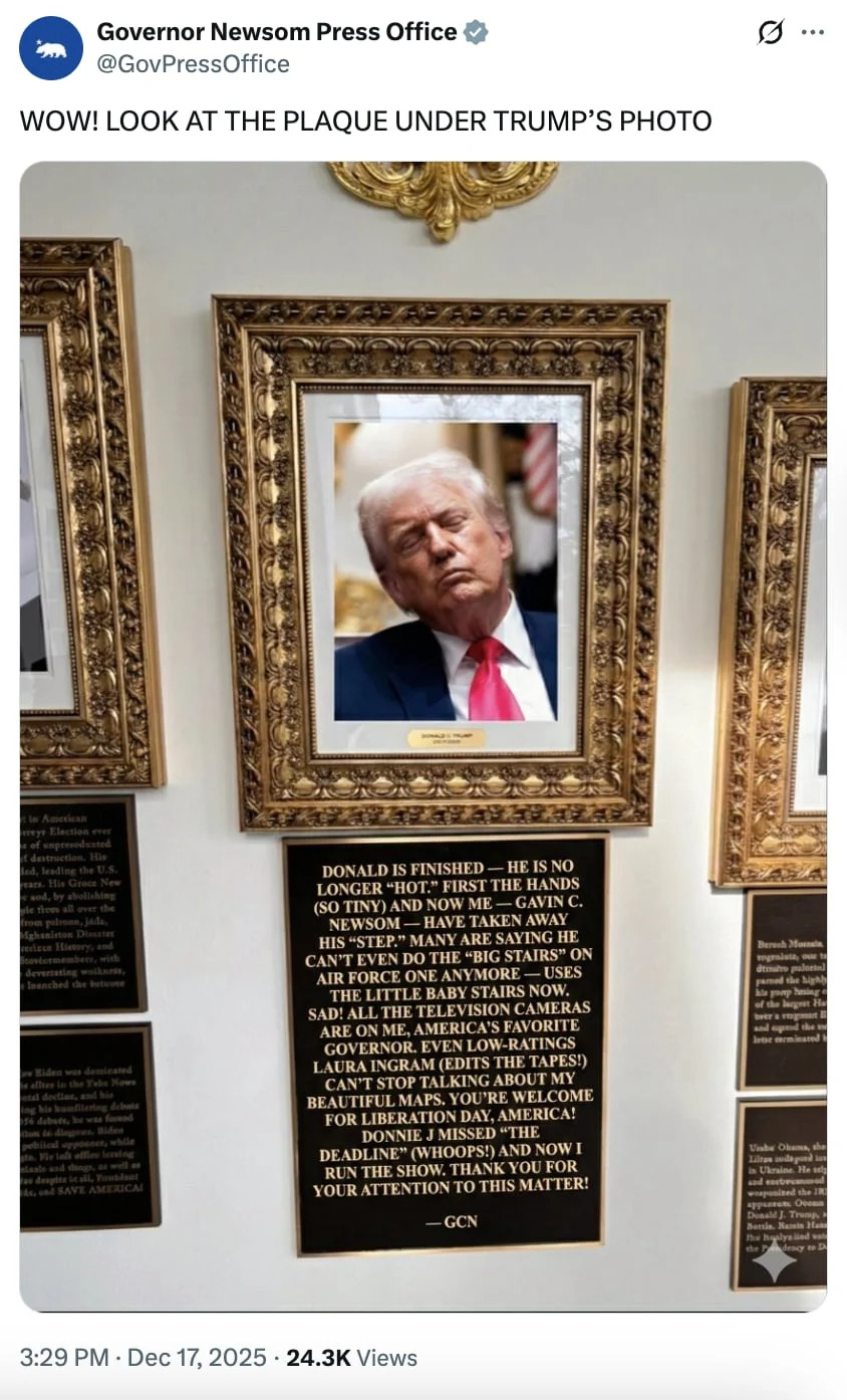 Newsom Trolls Trump With Mock 'Presidential Walk of Fame' Plaque — Calls Him ‘No Longer “Hot”’ - Image 1
