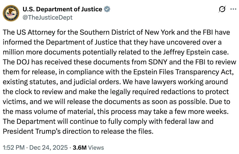 DOJ Says 'Over a Million' More Epstein Records Arrive — Release Delayed as Lawmakers Demand Answers