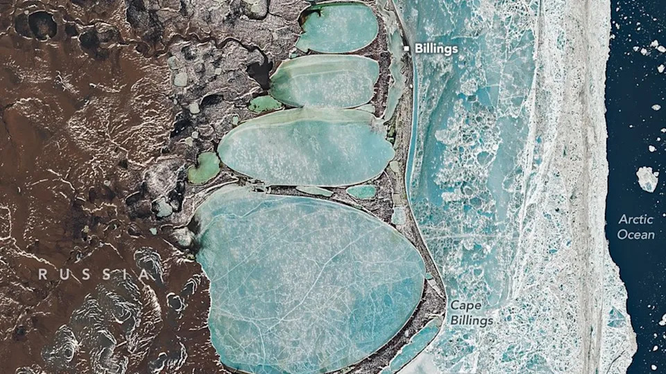 Giant 'Snowman' of Ice: Landsat 8 Captures Collapsed Lagoons Lining Siberia's Coast