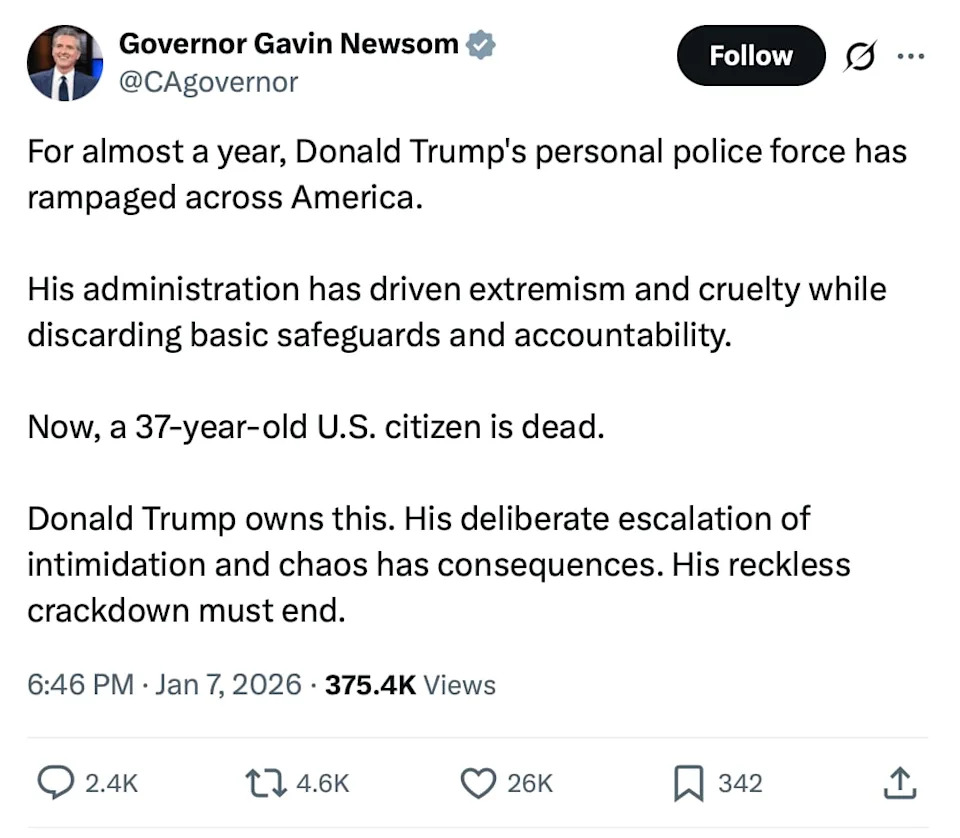 Newsom Calls ICE Shooting 'State-Sponsored Terrorism' After Video Raises Questions