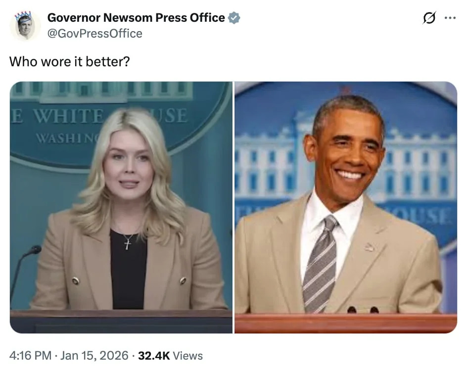 Newsom Trolls Leavitt With Obama 'Tan Suit' Throwback: “Who Wore It Better?”