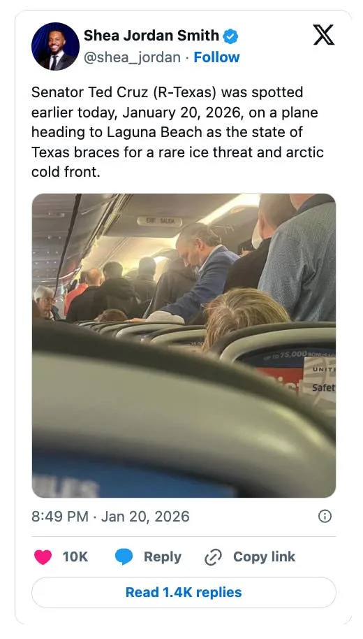 Ted Cruz Spotted Heading to Beach Town as Texas Braces for Major Winter Storm — Critics Renew Outcry