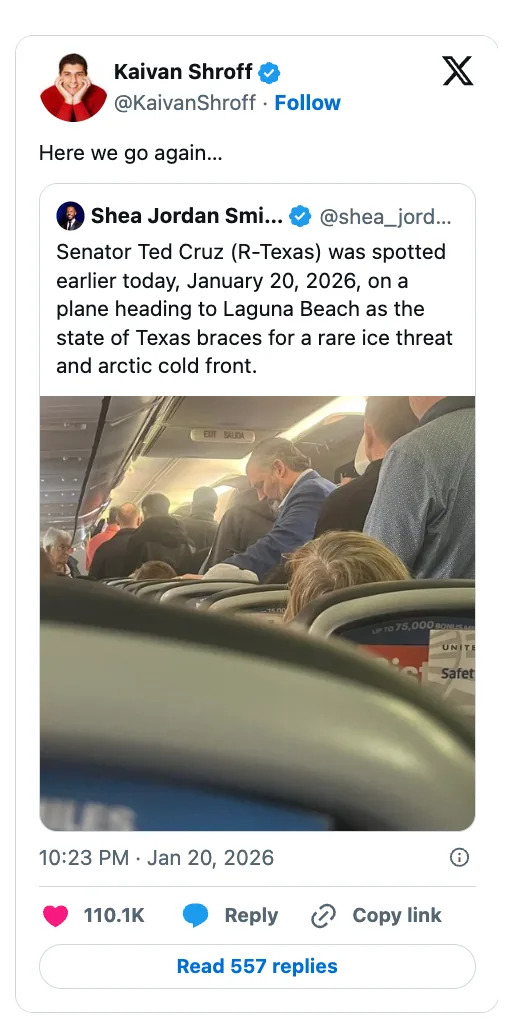 Ted Cruz Spotted Heading to Beach Town as Texas Braces for Major Winter Storm — Critics Renew Outcry