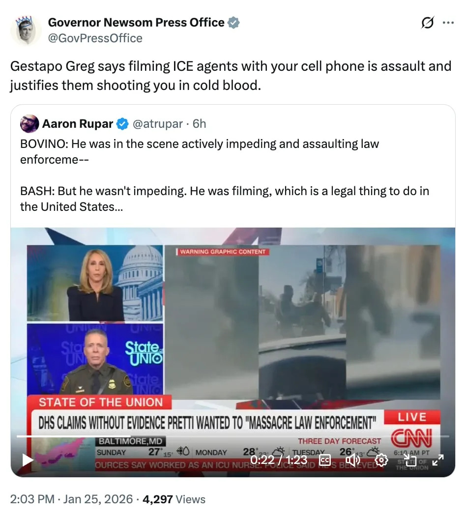 Newsom Labels Border Patrol Commander 'Gestapo Greg' After Defense Of Fatal Minneapolis Shooting