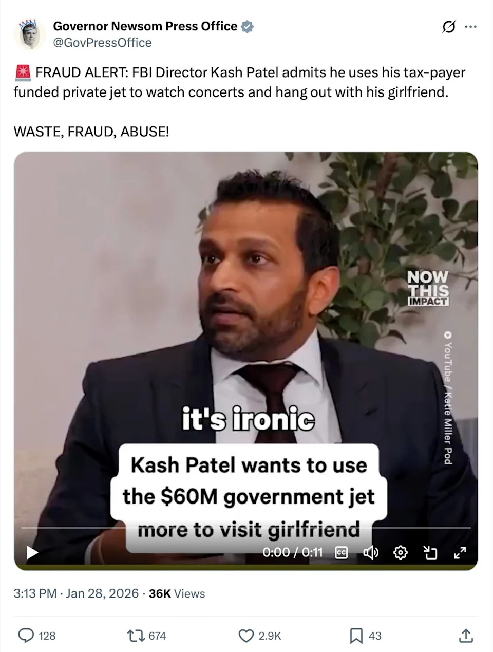 Newsom Accuses FBI Director Kash Patel Of 'Waste, Fraud And Abuse' Over Government-Jet 'Date Nights'