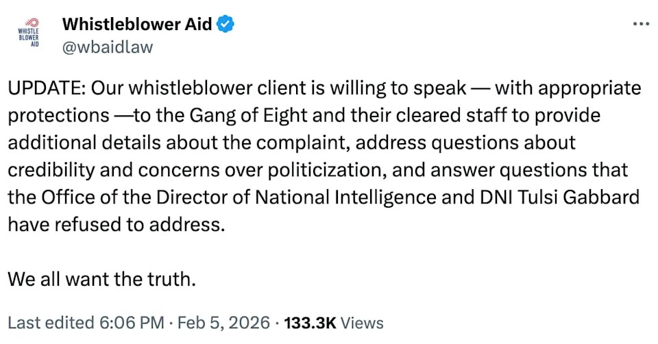 Whistleblower Offers To Brief 'Gang of Eight' On Secret Complaint Against DNI Tulsi Gabbard