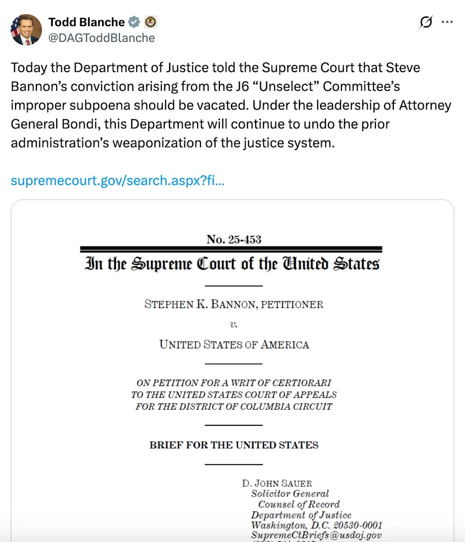 Jeanine Pirro Moves To Vacate Steve Bannon’s Contempt Conviction — DOJ Tells Supreme Court It Should Be Vacated