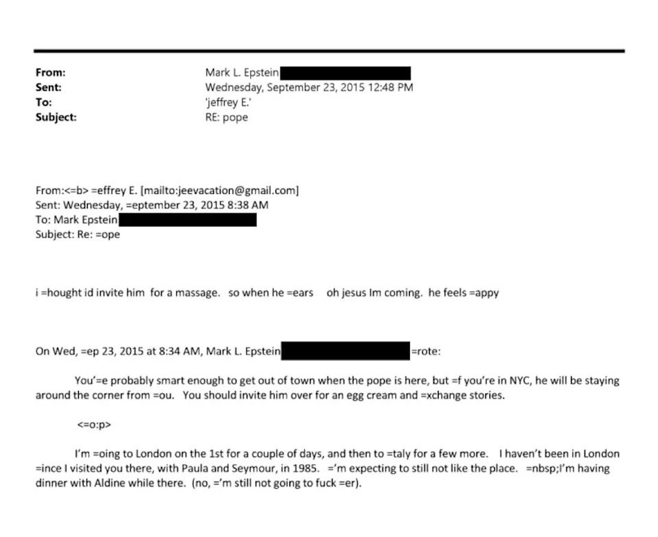 DOJ Files Reveal Epstein Suggested an 'Erotic Massage' for Pope Francis