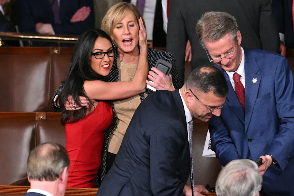 Boebert Tumbles at SOTU, Pulls Down Rep. Claudia Tenney — Lawmakers Laugh It Off
