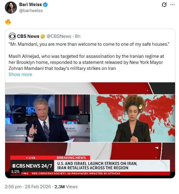 Bari Weiss Amplifies Masih Alinejad’s Fiery Response To U.S.-Israeli Strikes On Iran