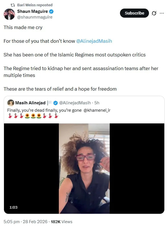 Bari Weiss Amplifies Masih Alinejad’s Fiery Response To U.S.-Israeli Strikes On Iran