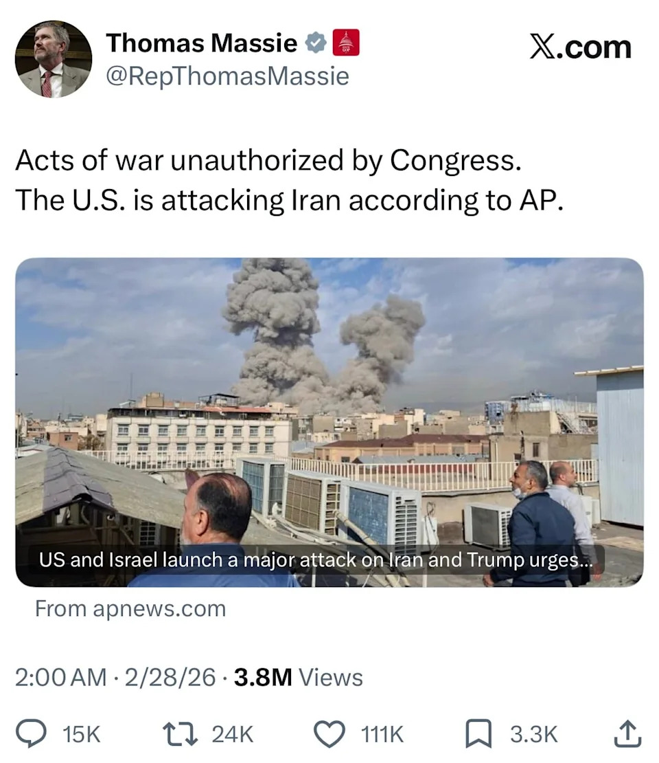 Massie: Iran Strike Won’t Bury Epstein Files — Lawmakers Move To Force Vote On War Authorization