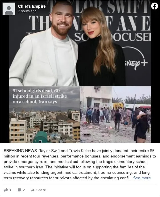 Provera činjenica: Nije tačno da su Taylor Swift, Travis Kelce i druge zvezde donirale po 5 miliona dolara za pomoć Iranu