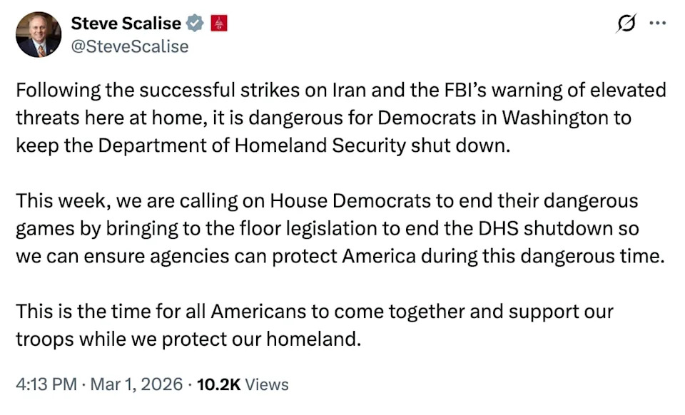Republicans Push Democrats to Fund DHS After Trump Strikes Iran; Democrats Insist On Reforms