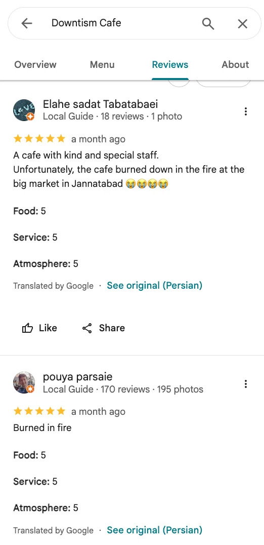 Fact Check: Viral Video Shows Fire Damage at Tehran’s Downtism Cafe — Not a U.S.-Israeli Airstrike