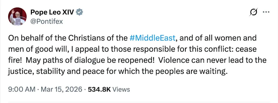 Pope Leo XIV Urges Immediate Ceasefire After U.S. and Israeli Strikes, Condemns 'Atrocious' Violence