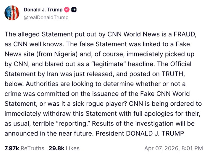 Fact Check: No Evidence CNN Used a 'Fake Nigerian Site' in Reporting Iran Ceasefire Statements