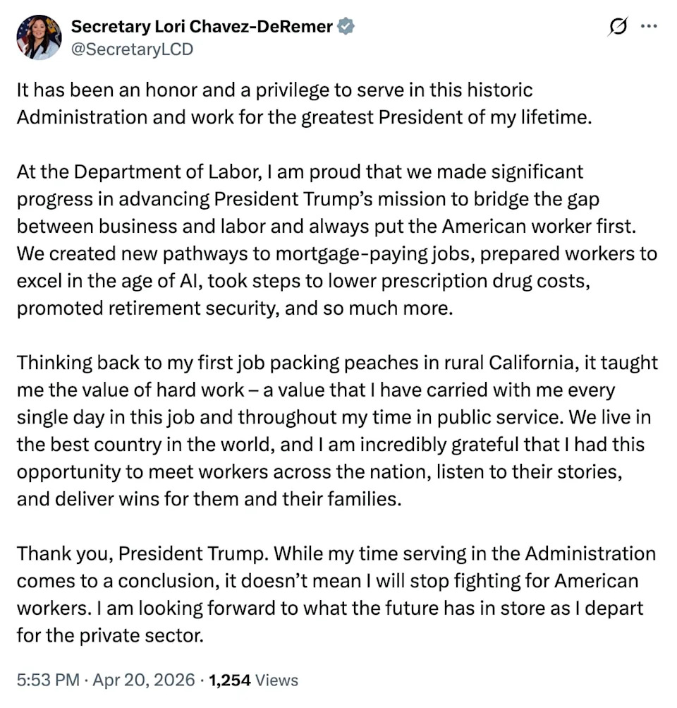 Labor Secretary Lori Chavez-DeRemer Resigns Amid Watchdog Probe Over Alleged Affair and Workplace Misconduct