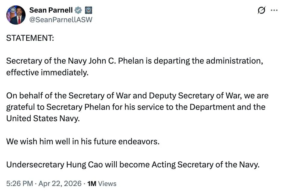 Pentagon Removes Navy Secretary John Phelan Amid Strait of Hormuz Standoff