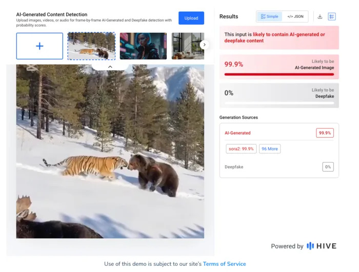 Provereno: Viralni video medveda i tigra NIJE autentičan — AI detektori 97–99.9% verovatnoće