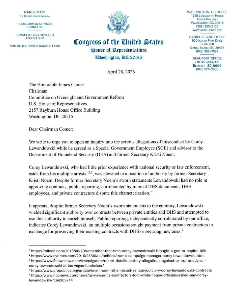 Mace Calls for Congressional Probe of Corey Lewandowski After NBC Allegations of Bribery and Extortion