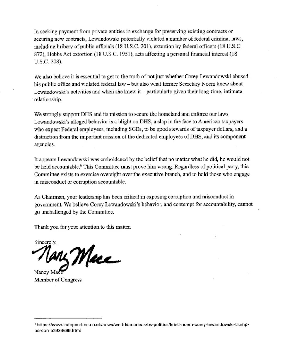 Mace Calls for Congressional Probe of Corey Lewandowski After NBC Allegations of Bribery and Extortion