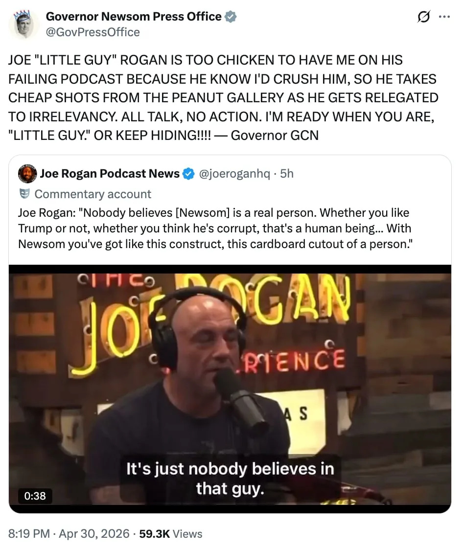 Newsom Taunts Joe Rogan, Calls Podcaster 'Little Guy' and Says He's Sliding Into 'Irrelevancy'