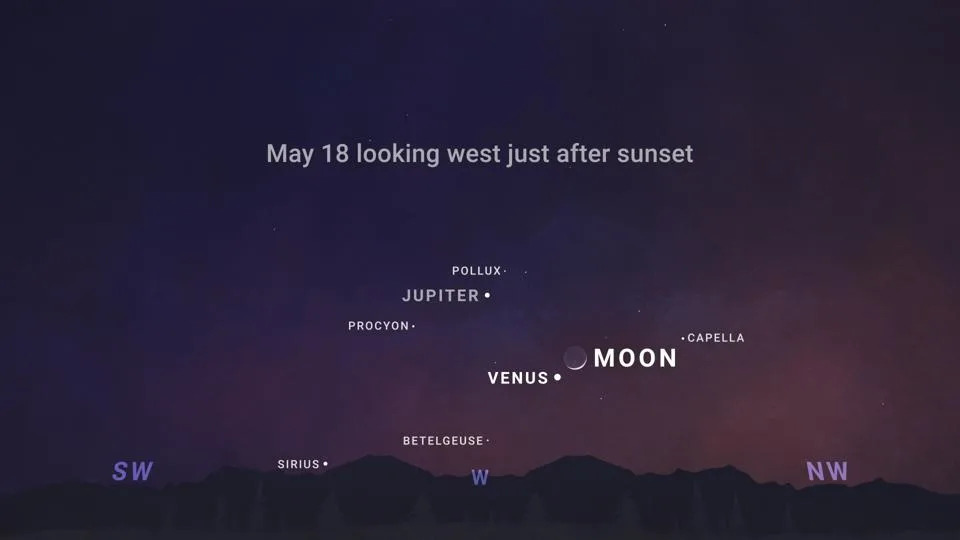 Watch a Slim Crescent Moon Sweep Past Venus and Jupiter After Sunset (May 18–24)