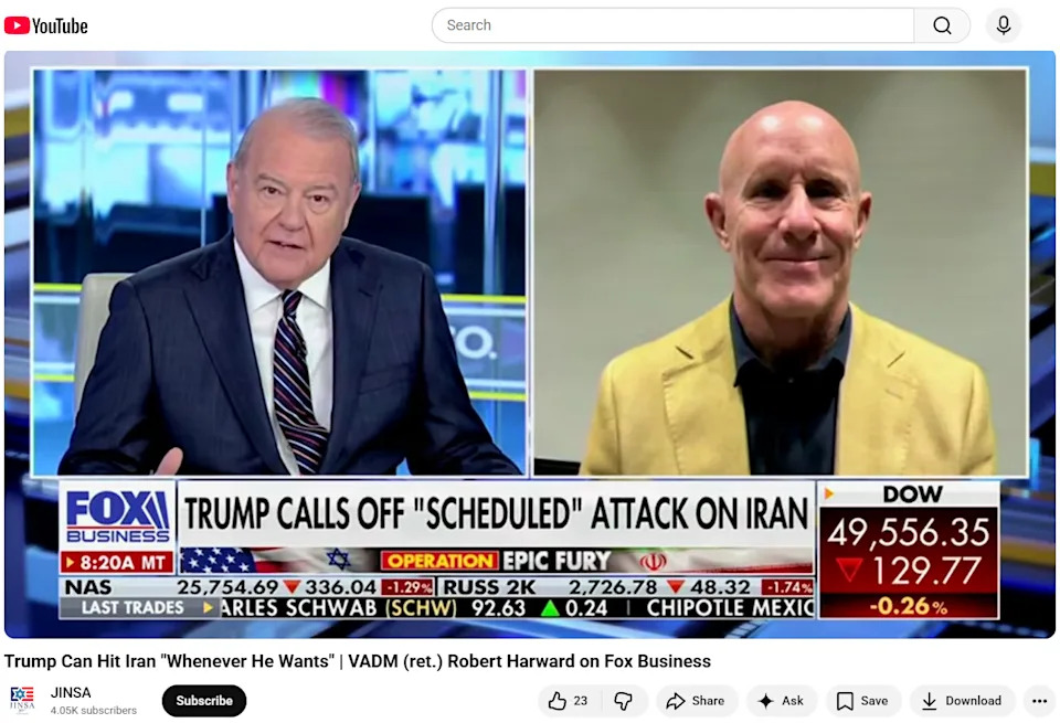 Provereno: Video gostovanja viceadmirala Roberta Harwarda na Fox News je autentičan — „masku“ je prouzrokovala senka