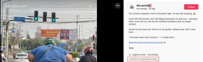 Lažan viralni video: skuter 'prepolovio' se na zelenom svetlu — video je AI-generisan