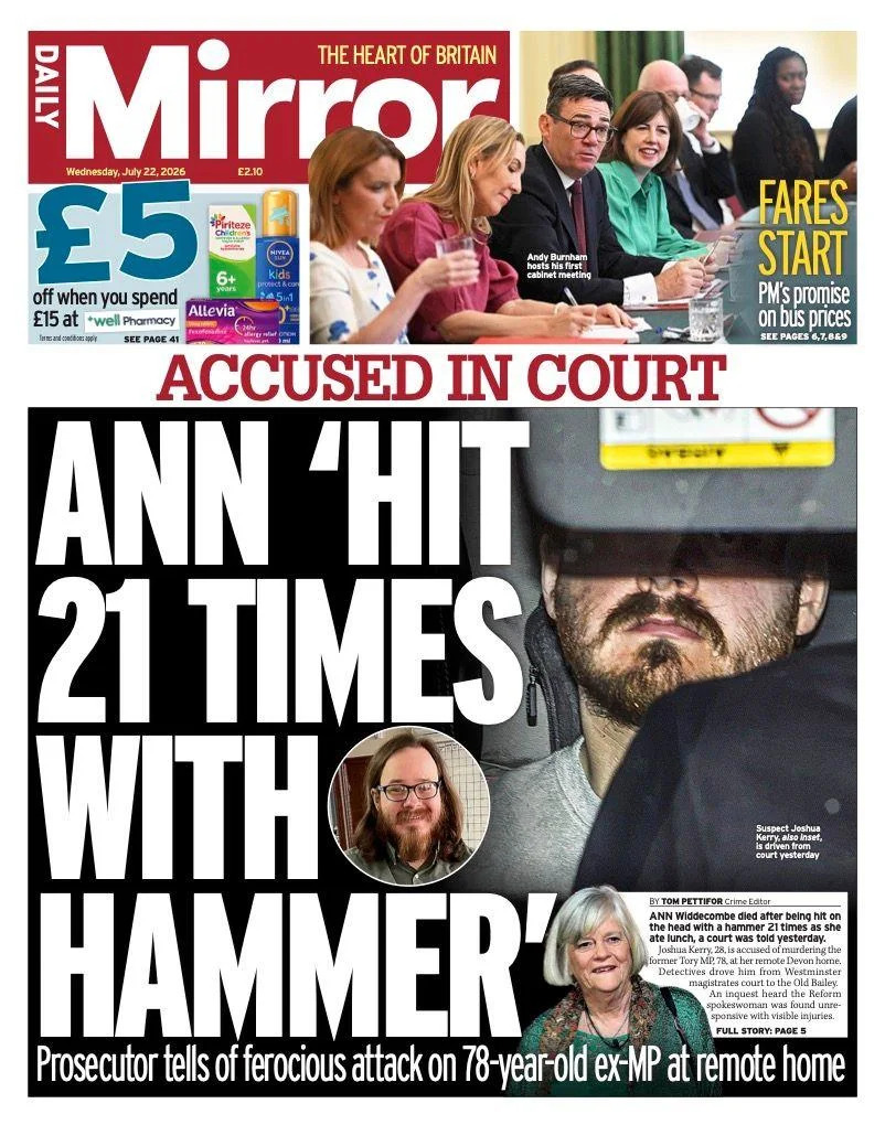 Widdecombe Murder And Burnham's Funding Test Dominate UK Front Pages