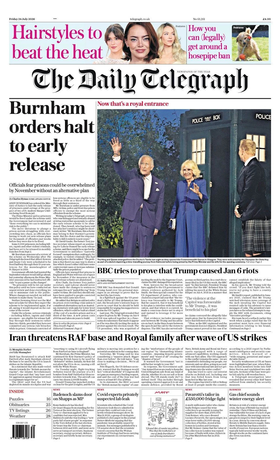 Burnham Pauses Early Prison Releases as 'No 10 North' Begins; Royals Make Tardis Entrance