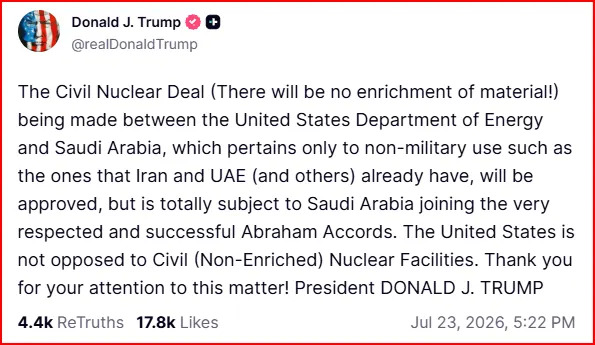 Trump Conditions US‑Saudi Civil Nuclear Deal On Riyadh Joining Abraham Accords — Analyst Calls It 'An Investment In Netanyahu'