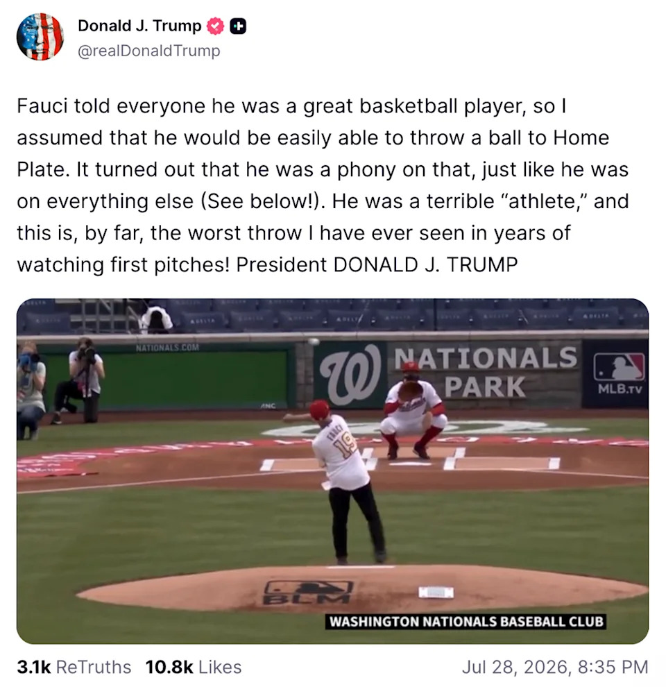 Trump Resurfaces 2020 Clip Mocking Fauci’s First Pitch Ahead Of Senate Testimony