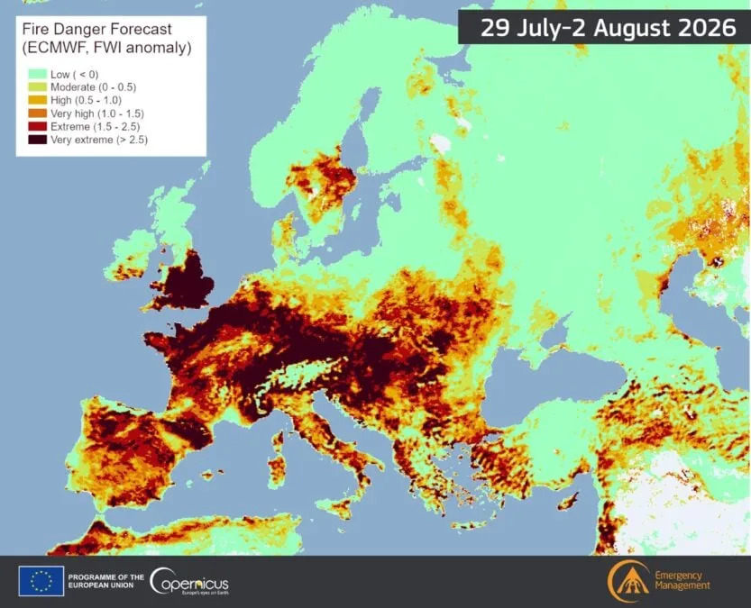 Upozorenje: JRC Mapa Predviđa Ekstreman Rizik Od Požara U Evropi 29. jul–2. avgust