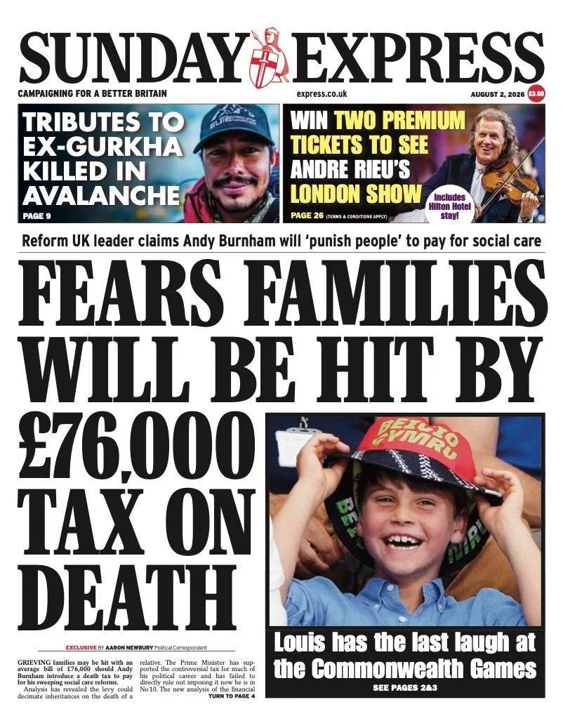 Sunday Front Pages: PM's Cost‑of‑Living Pledge, 'Tax on Death' Fears, Farage Return and Ceuta Crisis