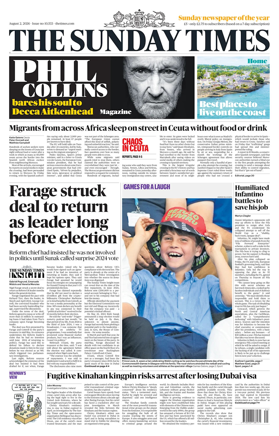 Sunday Front Pages: PM's Cost‑of‑Living Pledge, 'Tax on Death' Fears, Farage Return and Ceuta Crisis