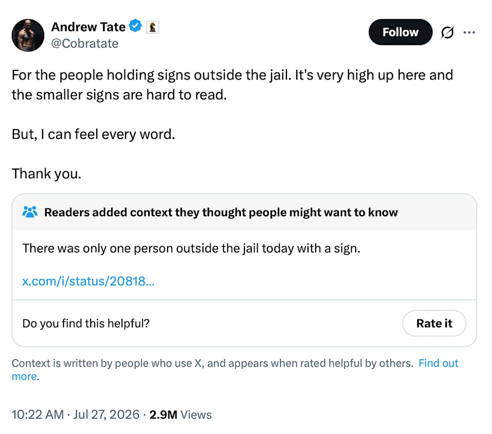 X’s Community Notes Rebuke Andrew Tate — Only One Supporter, Not a Crowd, Outside Miami Jail