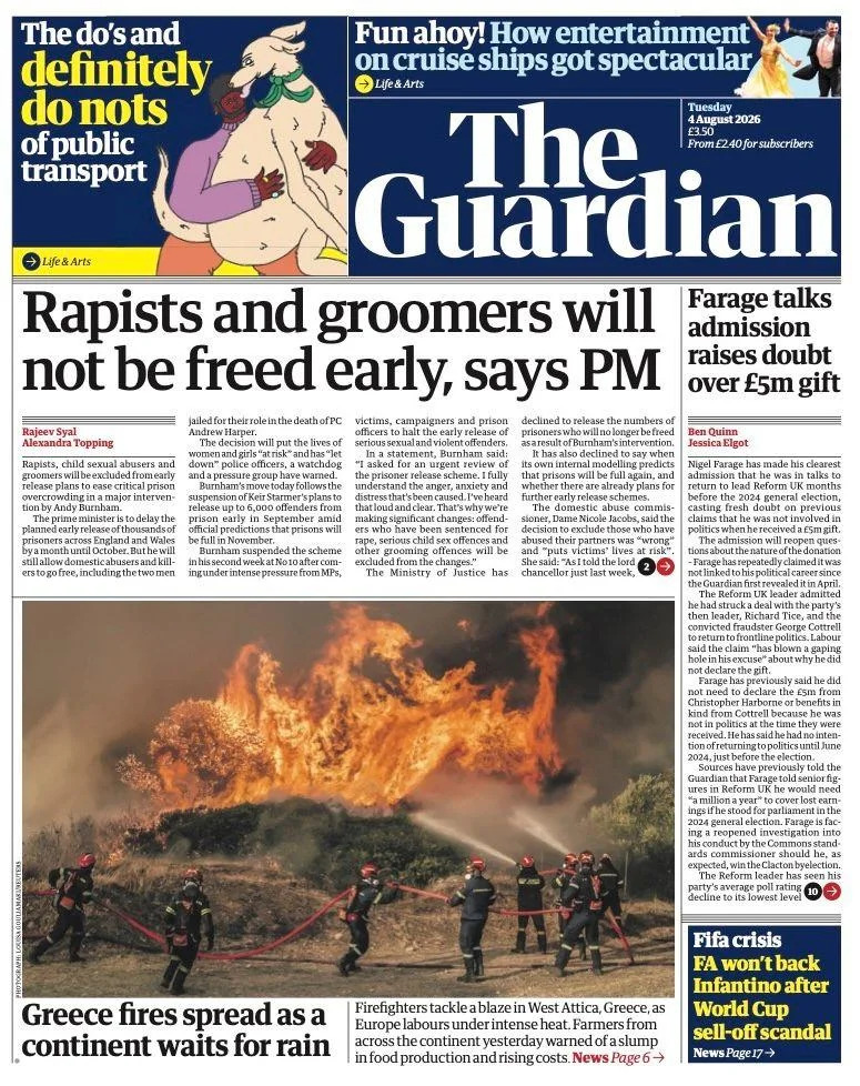 Burnham Defends Early-Release Limits Amid Safety Fears — Papers Also Flag Farage Turmoil and Record Drought