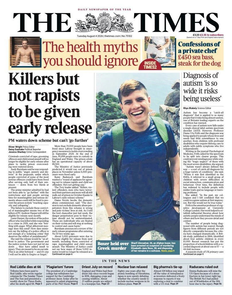 Burnham Defends Early-Release Limits Amid Safety Fears — Papers Also Flag Farage Turmoil and Record Drought