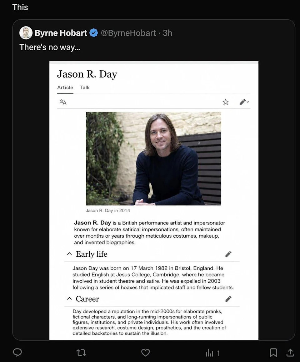 Provera činjenica: Jason R. Day — AI‑izmišljena „Wikipedia“ i satira na profesora Jasona Ardaya