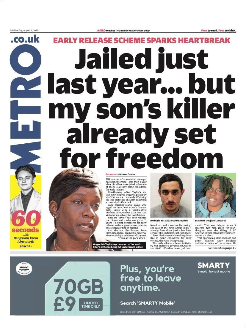 Front Pages Roundup: 'Super-Rain' After Driest July, Channel Rescue and Prison-Release Row