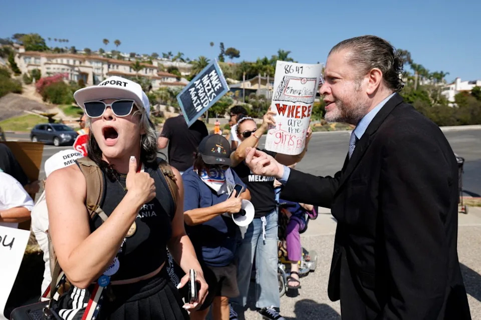 Mother Urges Son To Flip Off MAGA Supporters, Shouts Graphic Accusations Ahead Of Trump’s LA Visit