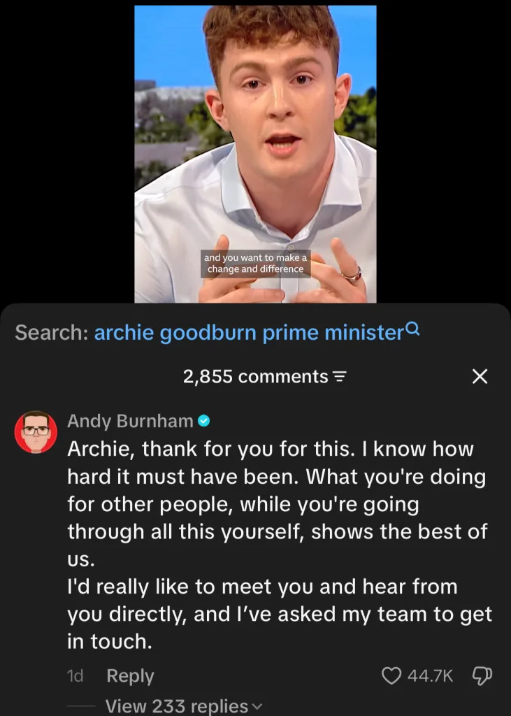 Andy Burnham Responds to Archie Goodburn’s Emotional Plea for More Brain Cancer Research