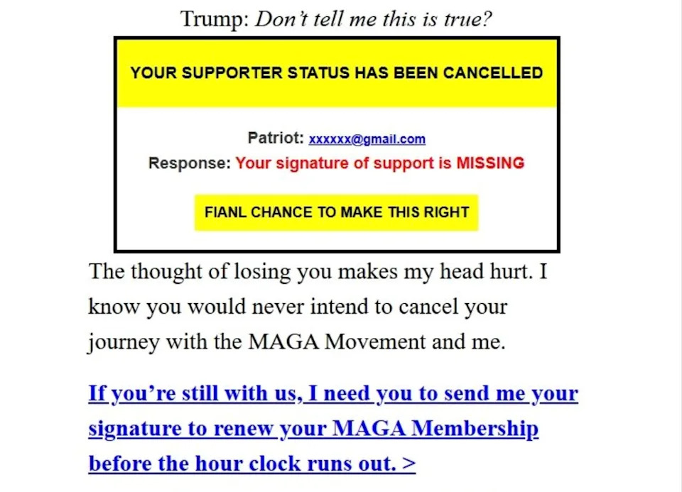 Trump Fundraising Email Warns Supporters Their 'Status' Was Canceled — Donate To Restore It