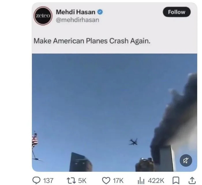 Fact Check: Viral Screenshot Falsely Shows Mehdi Hasan Posting 9/11 Image — Original Post Did Not Contain 9/11 Photo