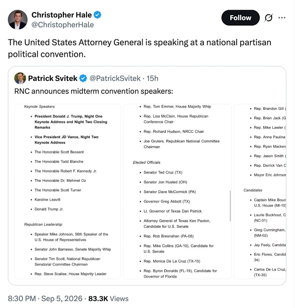 Leaked RNC Speaker List Names Attorney General Todd Blanche — Sparks Hatch Act Concerns
