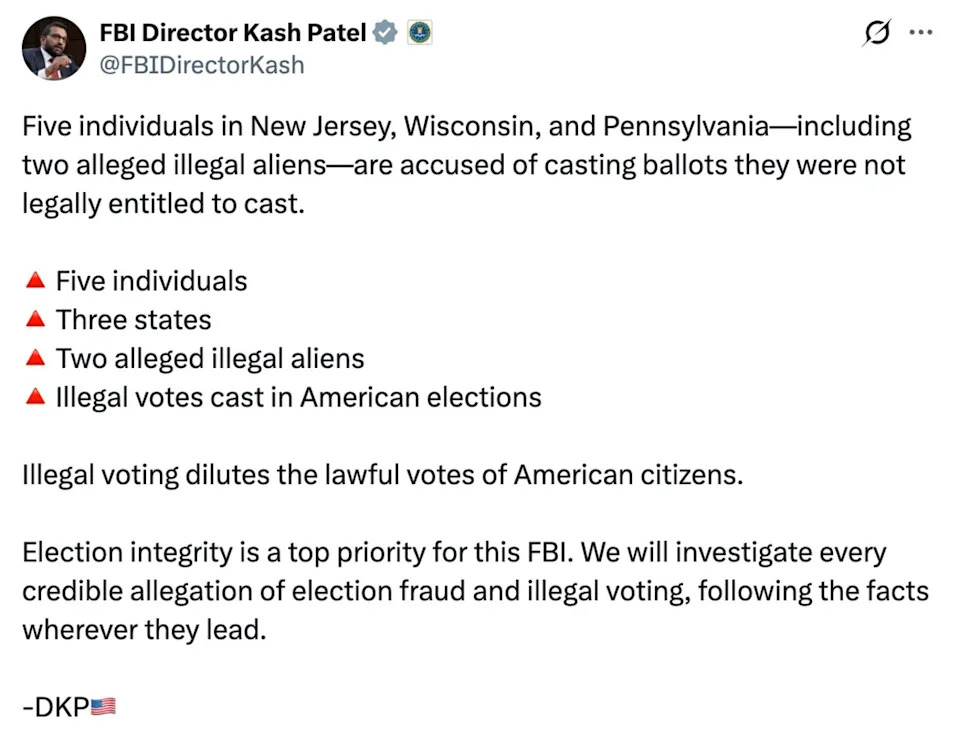 Kash Patel Mocked After FBI Charges Five Over Alleged Illegal Voting