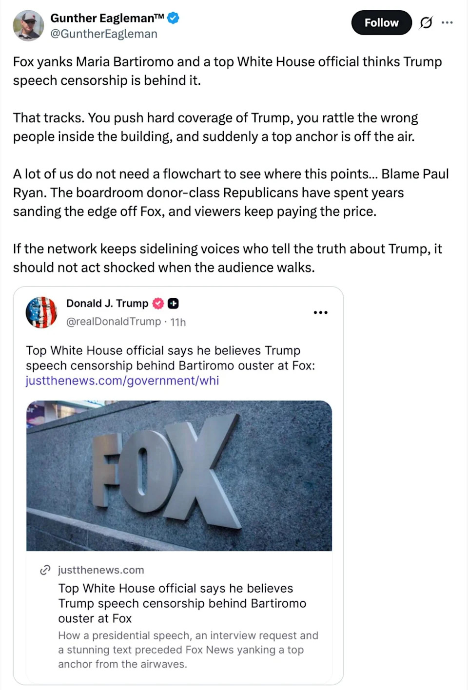 MAGA Targets Paul Ryan After Fox Pulls Pro‑Trump Host Maria Bartiromo